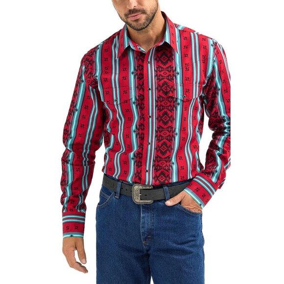 Wrangler Men's XL Long Sleeve Checotah Aztec Print Classic Fit Snap Shirt Red